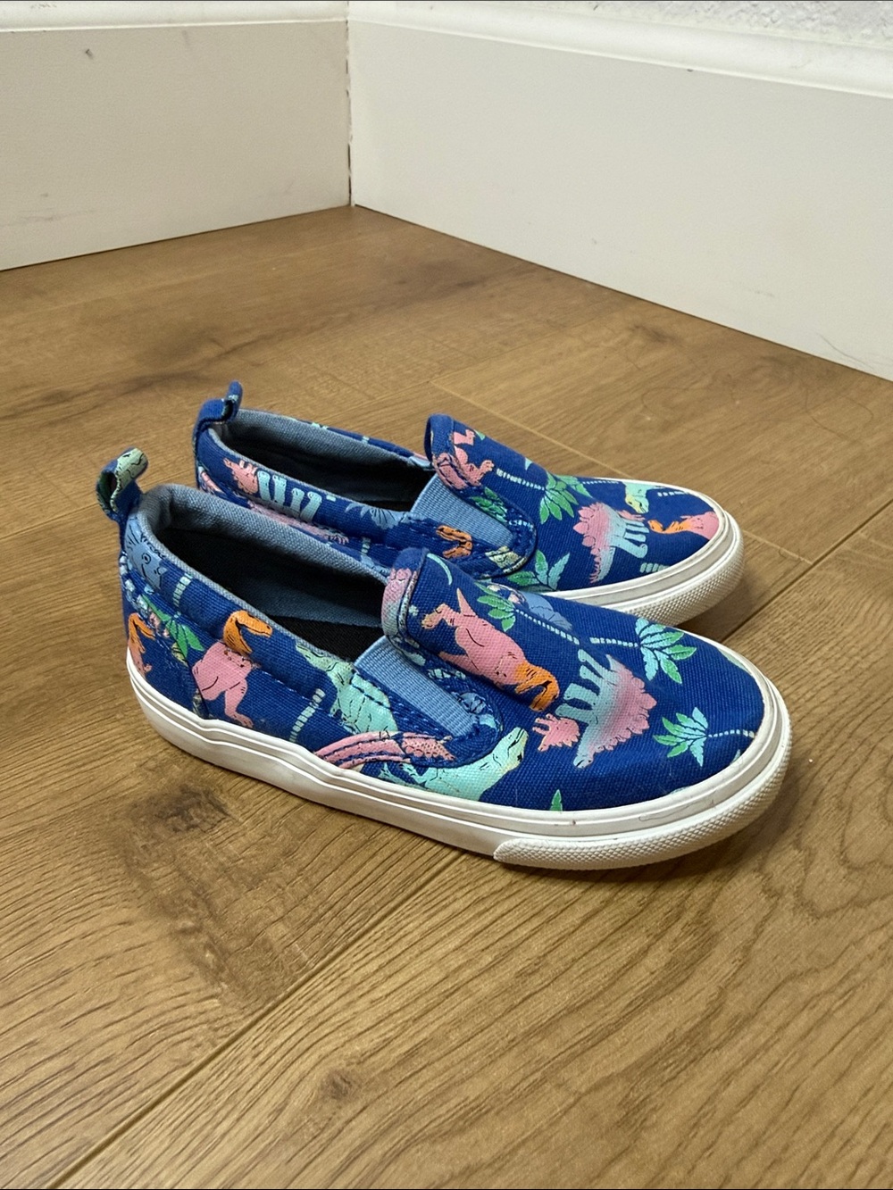 Old Navy Blue Slip-On Sneakers with Pink & Green Dinosaur Print